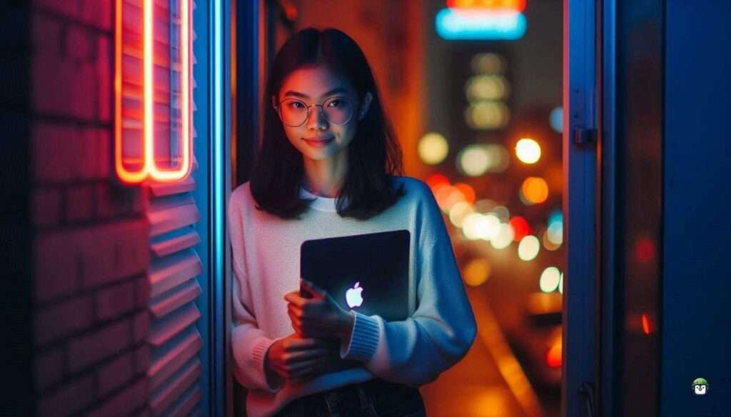 Calista, a young Filipina in glasses, stands at the doorway of her Manila apartment at dusk with a backpack, leaving behind an open laptop and emotional chaos.