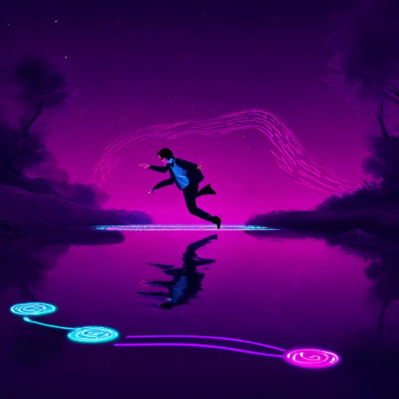 An artistic rendition of a developer in mid-leap from one data stone to another on a tranquil pond, symbolizing the functionality of custom buttons in DataTables.