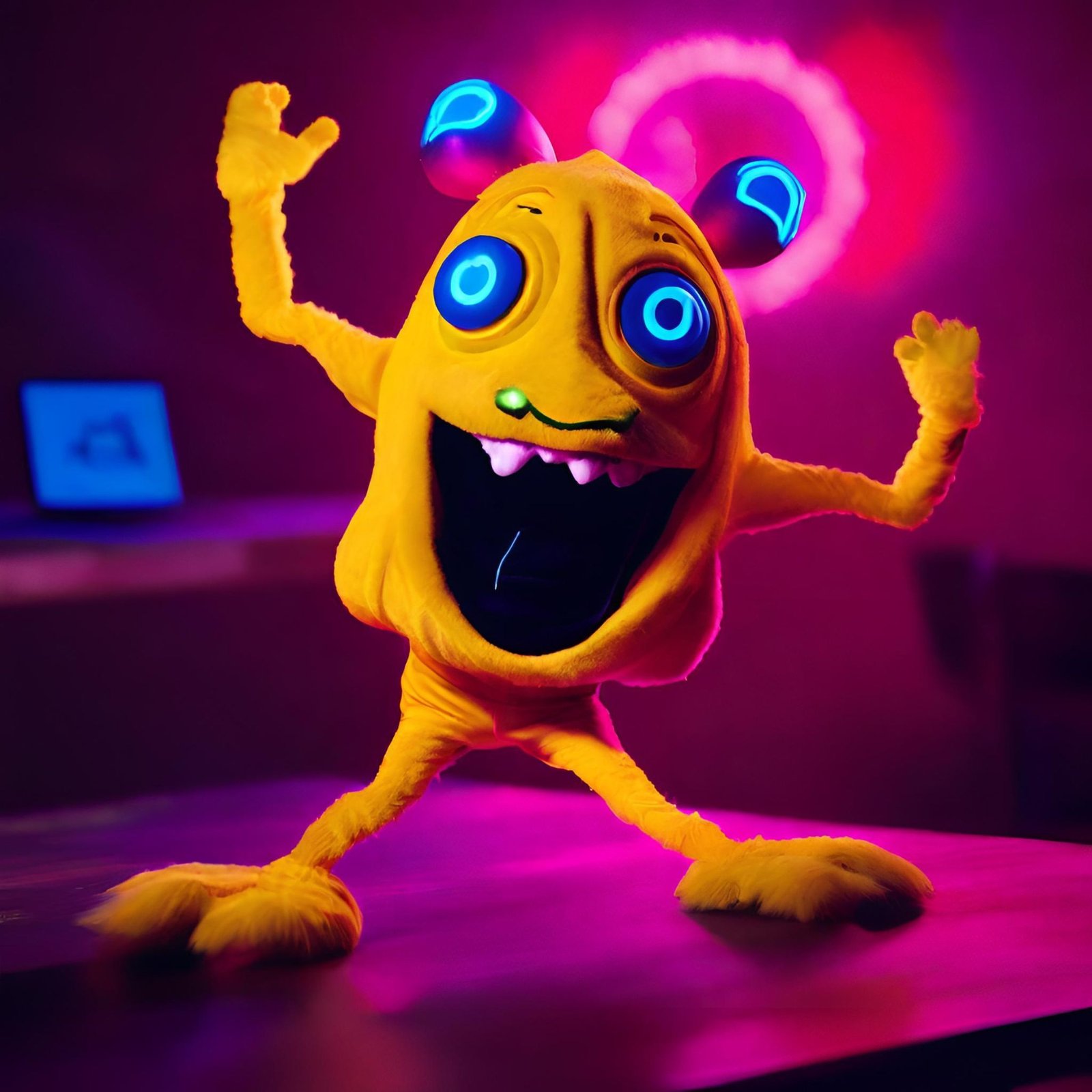 Animated image of the JavaScript mascot, a cheerful character, dancing on a table, featuring the DataTables in JavaScript logo on its JavaScript flag.