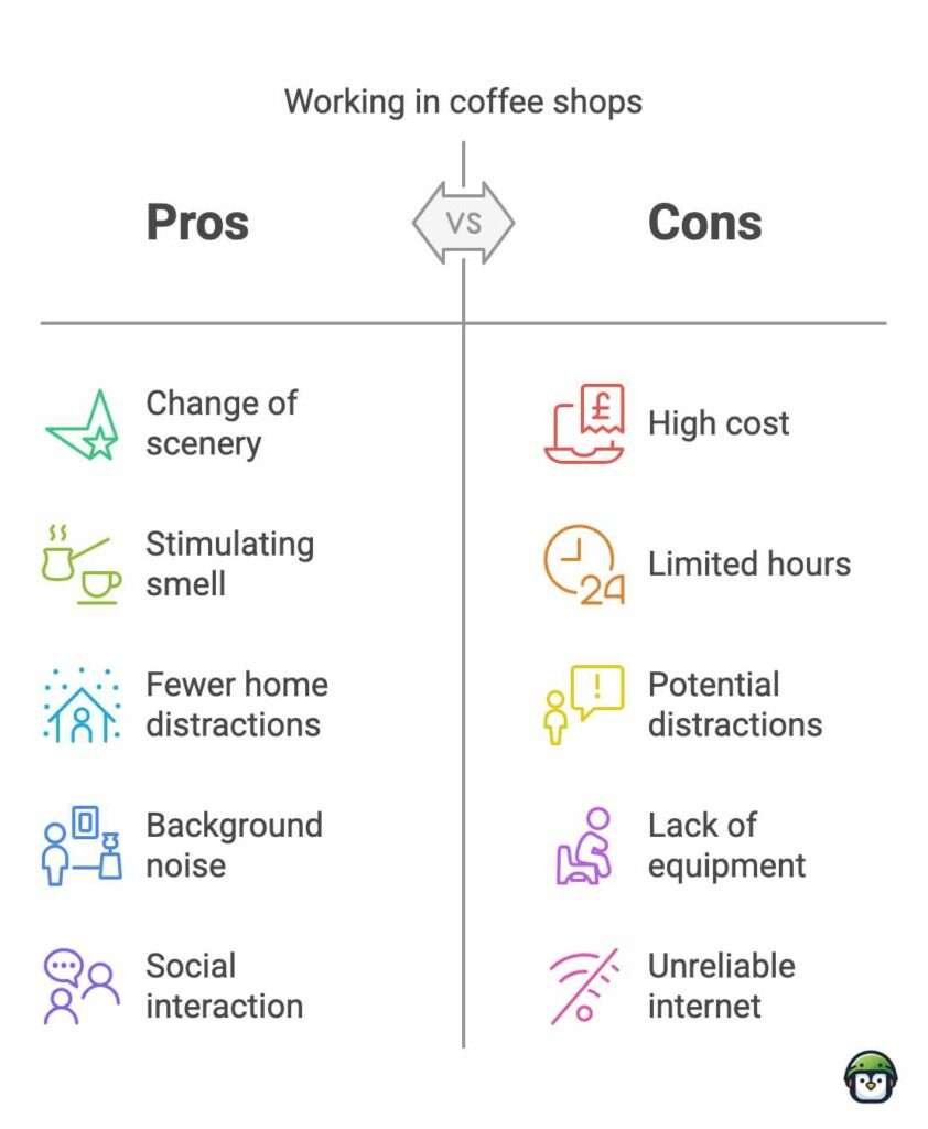 Pros and cons of working in a coffee shop—exploring productivity benefits like ambient noise and fewer distractions, alongside challenges like background chatter and expenses.