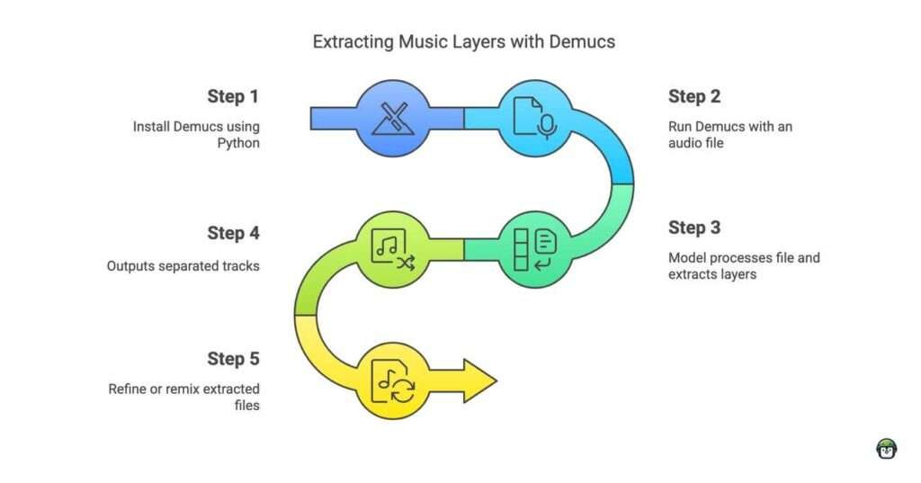 Step-by-step infographic on how to use Demucs for music source separation, covering installation, execution, processing, and exporting of isolated audio tracks.