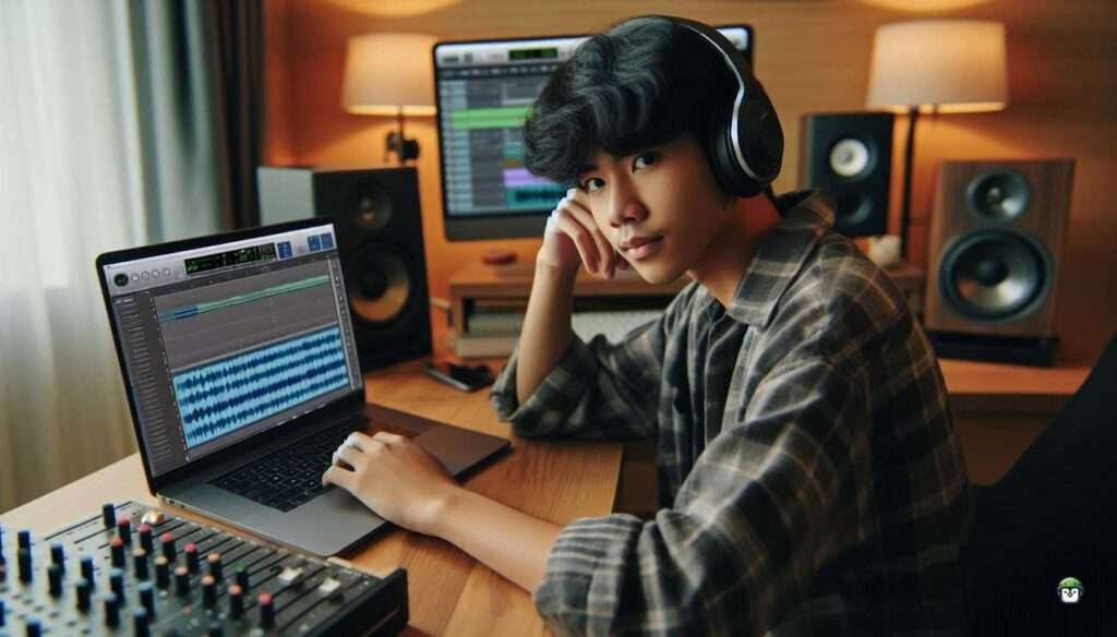 A focused Filipino audio engineer wearing studio headphones, using a laptop with a waveform editor to separate audio tracks with Demucs in a home music studio.
