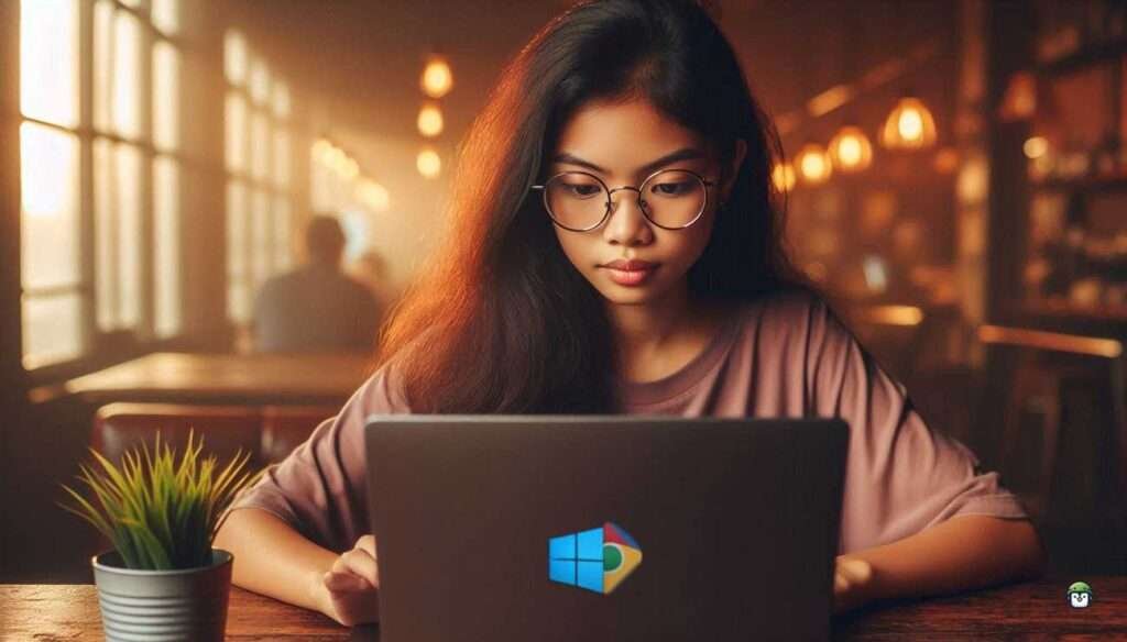 Young Filipina hacker wearing black-rimmed glasses working on laptop with Chrome and Microsoft Edge browsers open in a cozy, cinematic room.
