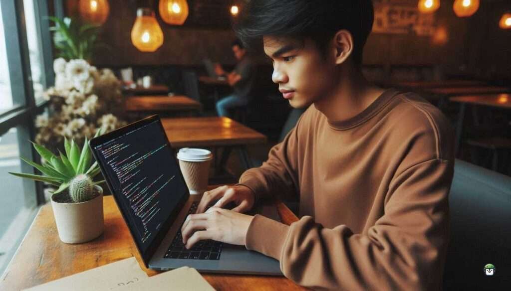 A young Filipino developer working on a laptop in a café, with a terminal open showing PyInstaller commands.