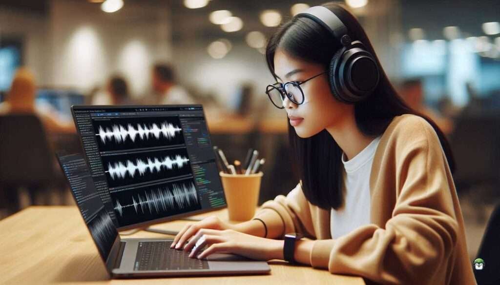 A young Filipina developer wearing black-rimmed glasses and headphones works on her laptop in a modern co-working space, with a waveform and text transcript displayed on the screen, showcasing Whisper API's speech-to-text capabilities.