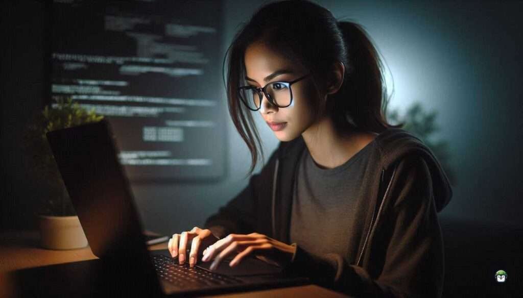 Calista, a young Filipina in black-rimmed glasses, focused on her Android device as she configures a PHP web server using Termux in a dimly lit room.
