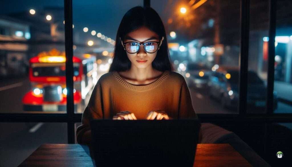 Young Filipina wearing black-rimmed glasses, working on a laptop and connecting her phone at a bright outdoor café table in Manila.