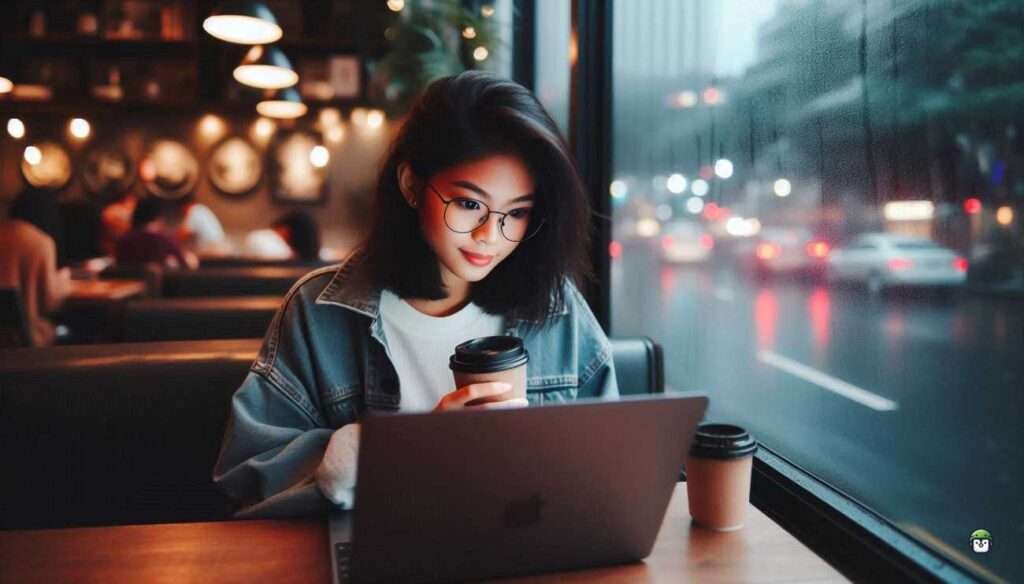 Calista, a tech-savvy Filipina in black-rimmed glasses, working on her laptop in a cozy Manila café as rain falls outside.