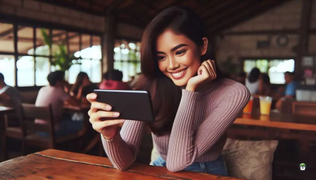 A young Filipina working on her Android phone, customizing Termux appearance with different themes and fonts to enhance readability and usability.