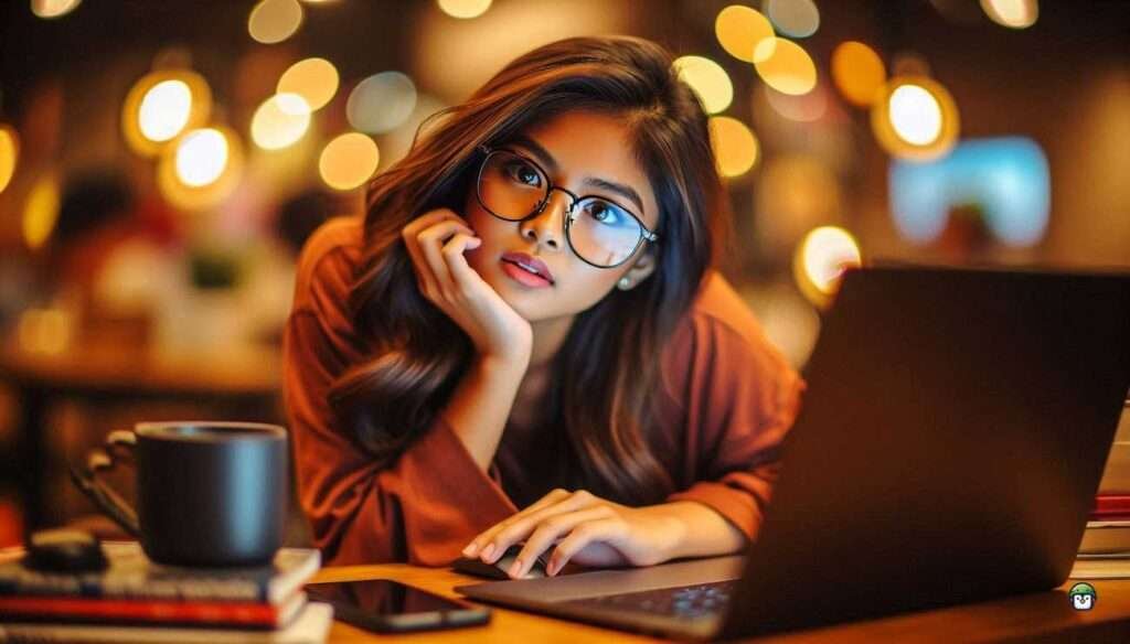 A young Filipina woman, wearing black-rimmed glasses, sits cross-legged at a desk, focused on syncing directories on her Android device, with a laptop beside her.