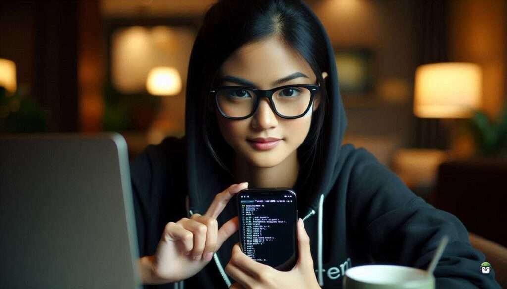 Calista, a young Filipina with black-rimmed glasses, uses Termux on her smartphone. The screen displays essential Linux commands, with a laptop and coffee on the desk, creating a focused and tech-savvy atmosphere.
