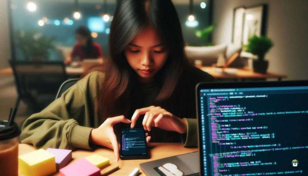A young Filipino developer using Termux on an Android phone, customizing the environment with a focused expression, symbolizing efficiency and flexibility in mobile coding.