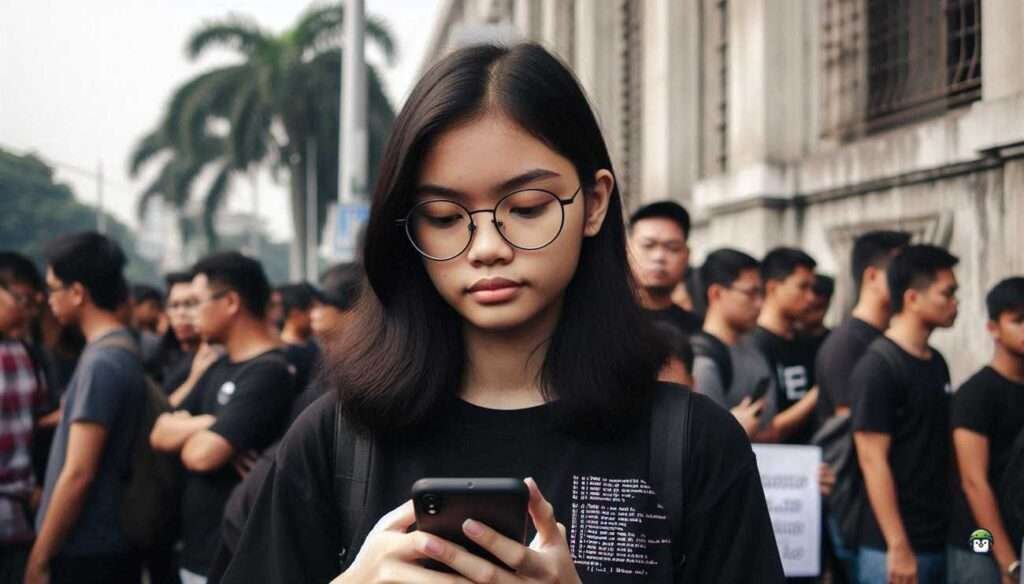 Young Filipina techie in black-rimmed glasses using Termux on her phone while standing in line, focused on security testing tasks.