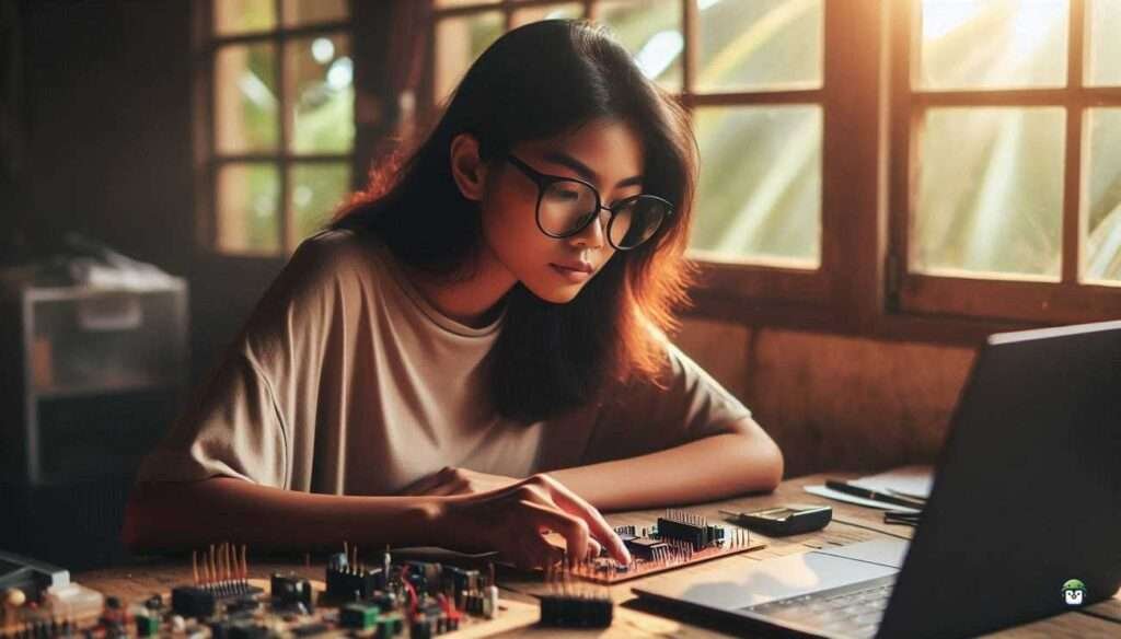 Young Filipina with black-rimmed glasses programming Ubuntu laptop surrounded by electronic parts in a warm, local Filipino home workshop.