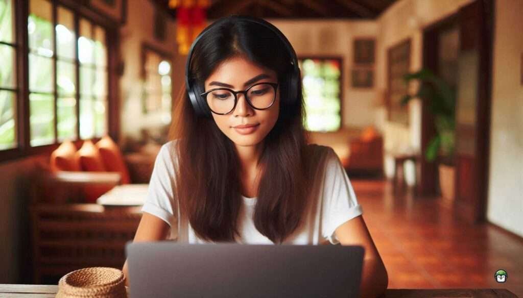 Young Filipina with black-rimmed glasses and headphones working on speaker diarization in a sunlit Filipino home office.