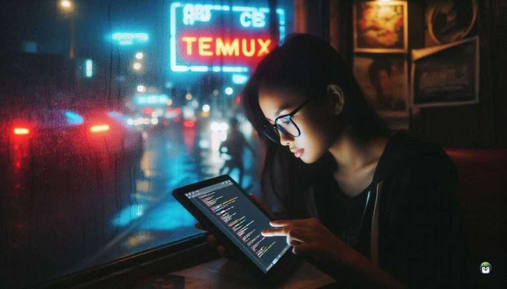 A young Filipina woman in black-rimmed glasses, focused on using Metasploit for ethical hacking on her laptop, surrounded by a modern city backdrop.