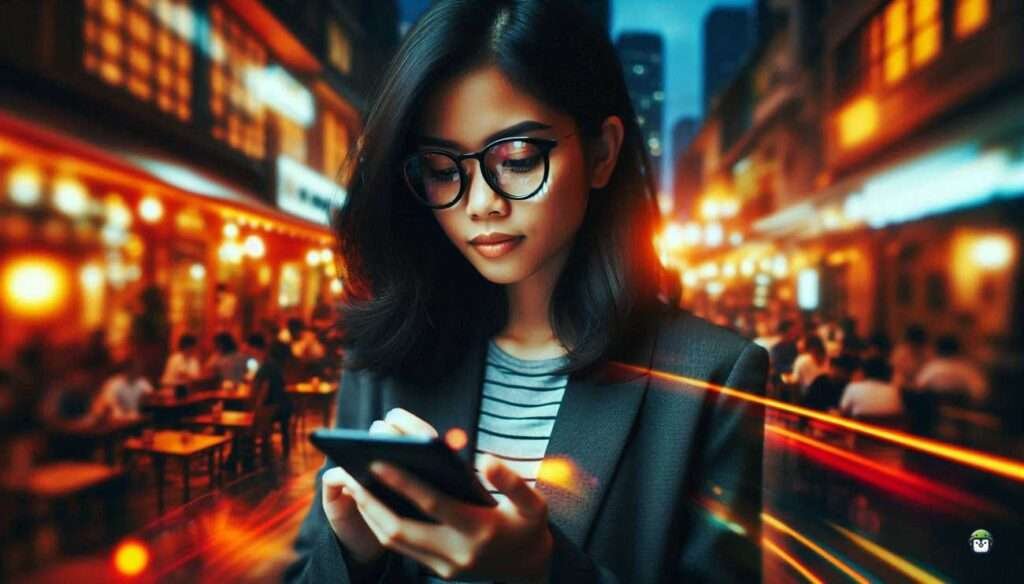 A tech-savvy Filipina wearing black-rimmed glasses configures PostgreSQL on Android using Termux, seated on a Manila rooftop at dusk.