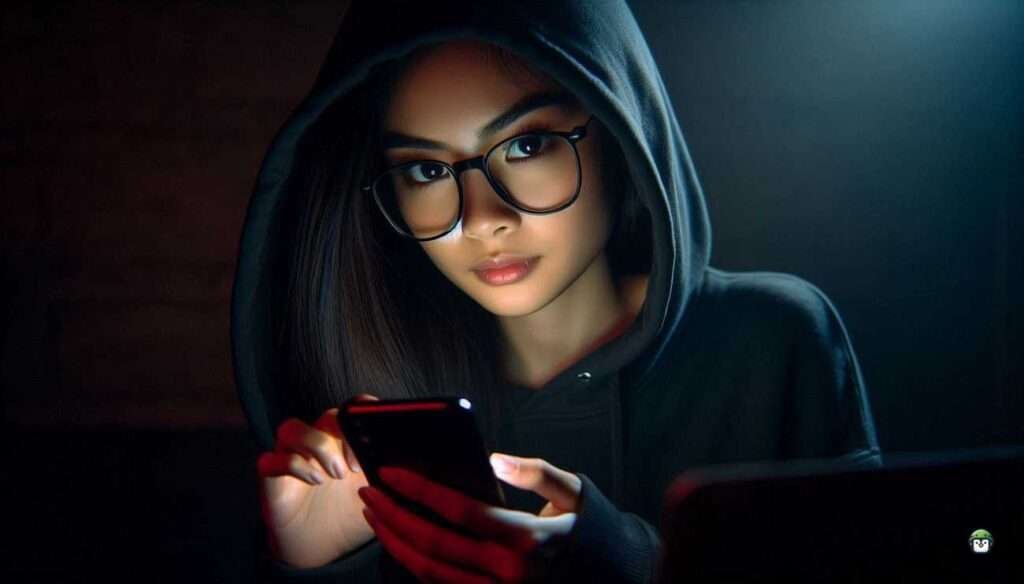 Calista, a young Filipina with black-rimmed glasses, sits in a dimly lit room wearing a dark hoodie. She holds her phone with both hands, her face partially illuminated by the screen’s glow. A laptop sits open beside her, adding to the intense Red Team hacker vibe.