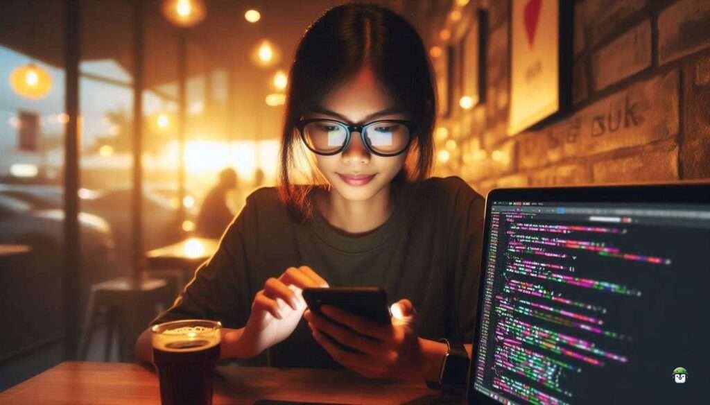 Calista, a young Filipina with black-rimmed glasses, coding with Emacs on her Android phone in a cozy local café at sunset.