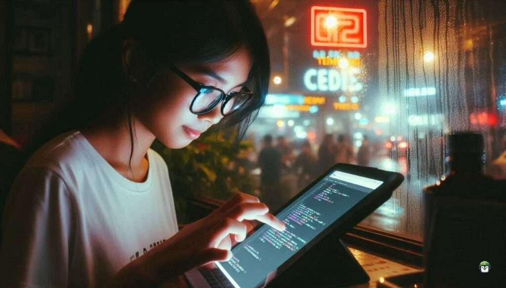 Calista, a young Filipina with black-rimmed glasses, using Termux in a moody Manila internet café, lit by neon and code.