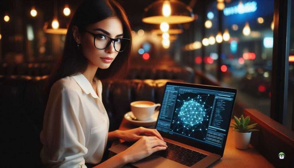 An attractive Filipina wearing black-rimmed glasses sits in a coffee shop, working on her laptop. The screen displays network visualization using Nmap scan results, glowing with nodes and connections. A cup of coffee rests beside her, creating a focused yet relaxed atmosphere.