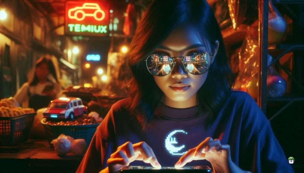 Young Filipina in black-rimmed glasses playing the ASCII Moon-Buggy game on Termux inside a sari-sari store turned command center.