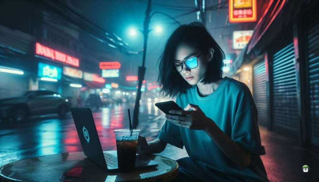 Young Filipina using GPG encryption in Termux at a neon-lit street café, late at night.