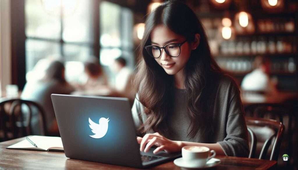 A young Filipina wearing black-rimmed glasses, coding on her laptop in a coffee shop, with the Twitter logo subtly reflected on her screen, symbolizing Twitter Bot automation.