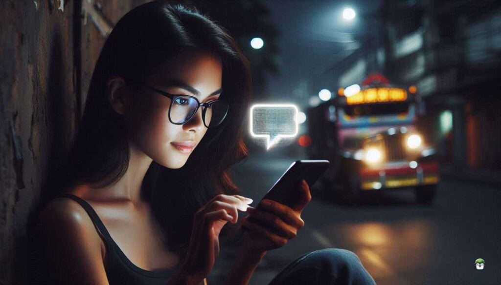 Tech-savvy Filipina using Text-to-Speech in Termux on her Android phone at night.