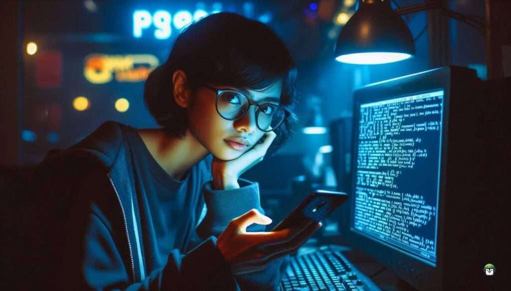 A young Filipina with black-rimmed glasses analyzing network topology using Termux on her phone in a moody Metro Manila internet café.