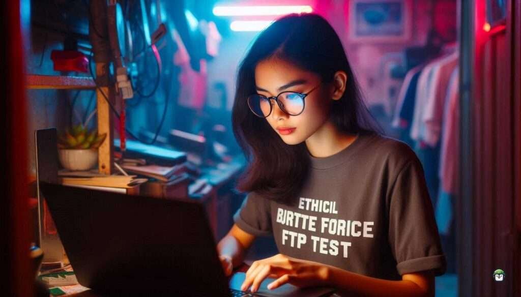 Young Filipina wearing black-rimmed glasses working on a laptop in a dimly lit Manila coworking space with neon city lights outside.