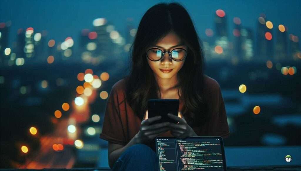 Filipina developer Calista using her phone and tablet on a Manila rooftop at dusk, configuring GCC in Termux for C programming.
