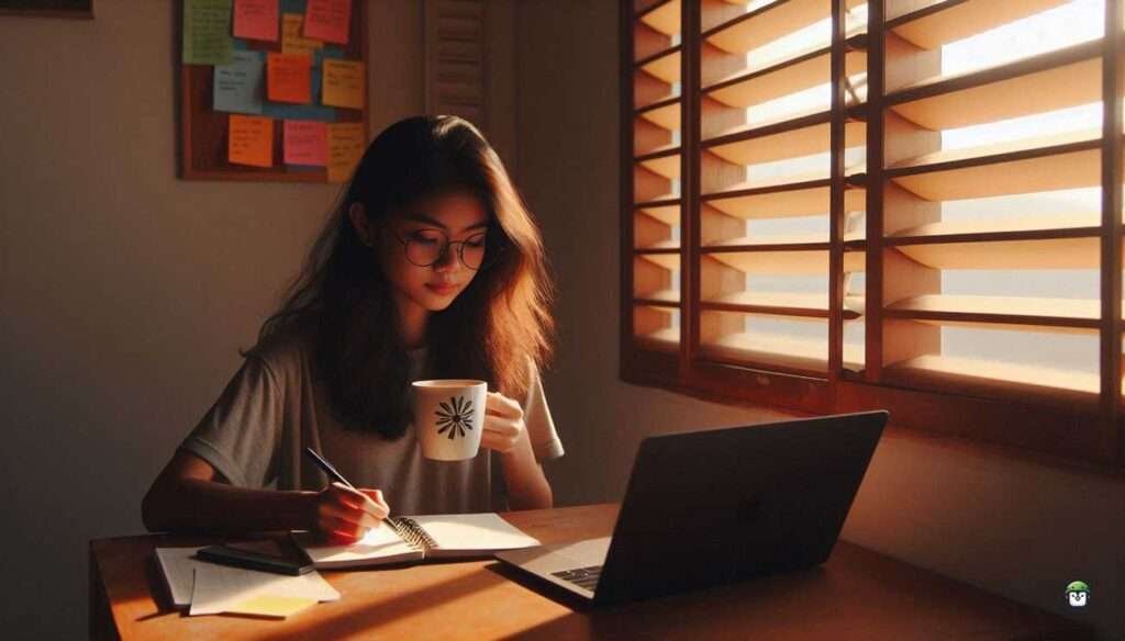 A young Filipina with black-rimmed glasses sits by a window, reviewing SMTP notes with her laptop open and a mug of coffee, evoking calm technical focus.