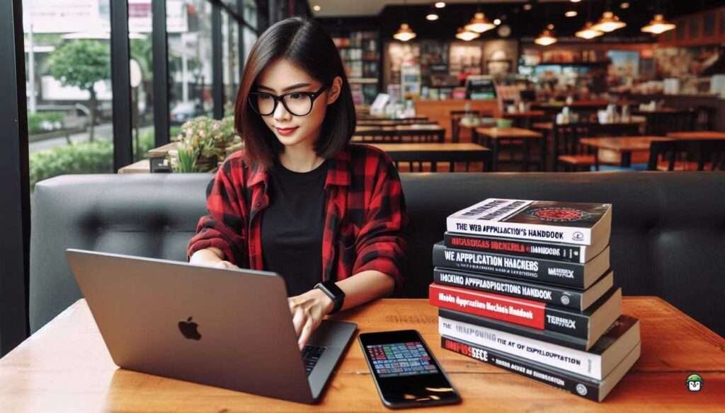 Calista, a young Filipina in black-rimmed glasses, sits in a café working on penetration testing using Metasploit Software in Termux on her laptop.