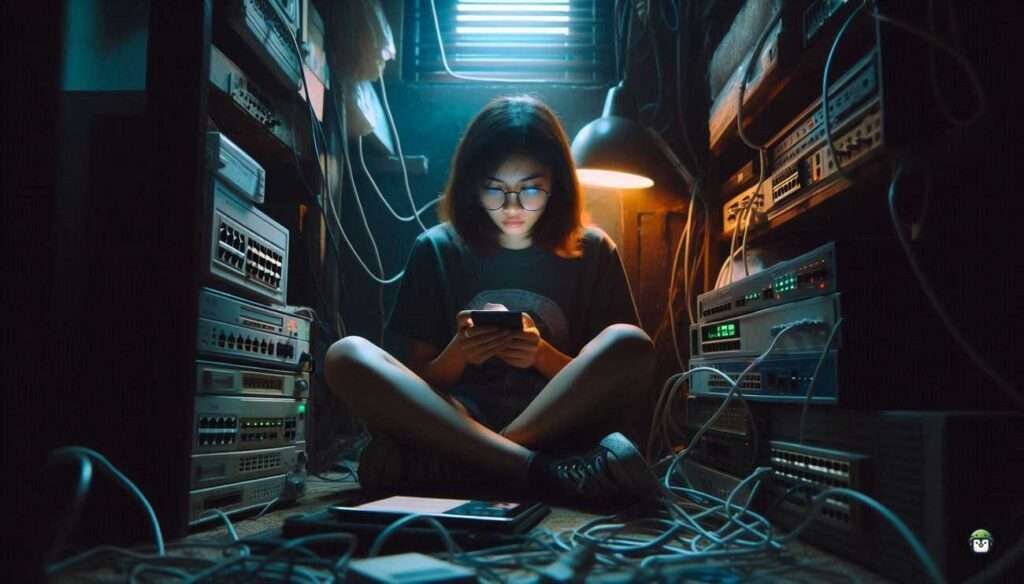 Young Filipina tech expert Calista sitting cross-legged in a server room, reviewing Nmap scan results on her laptop surrounded by networking hardware.