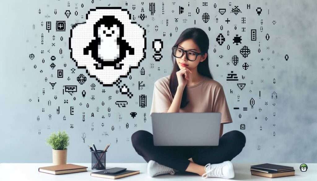 A young Filipina programmer at her laptop, with an ASCII Art penguin floating above her head like a cartoon thought bubble, surrounded by pixelated code and symbols.