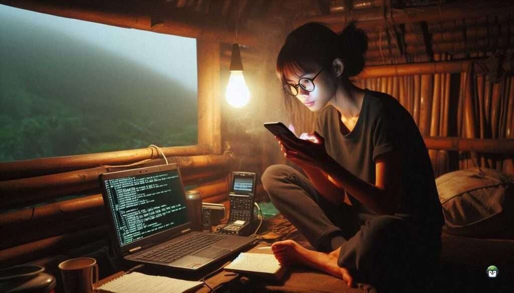 Young Filipina with black-rimmed glasses using an Android phone for pen testing in a cozy bahay kubo workspace with natural sunlight.