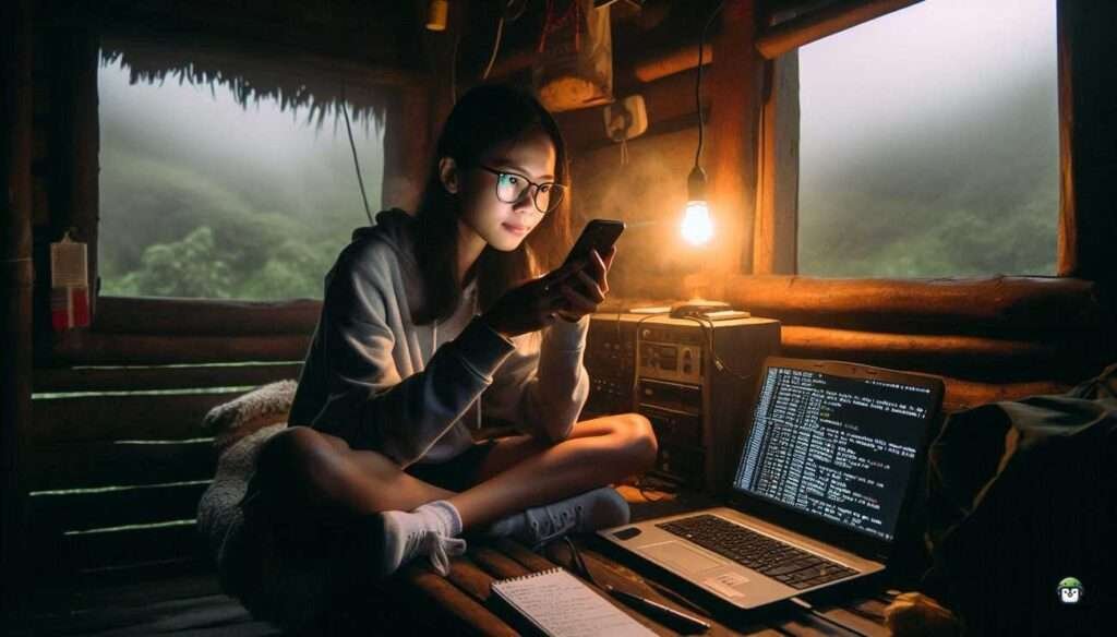 A young Filipina hacker wearing black-rimmed glasses works intently in a rural kubo at night, illuminated by a bulb as terminal code reflects in her lenses.