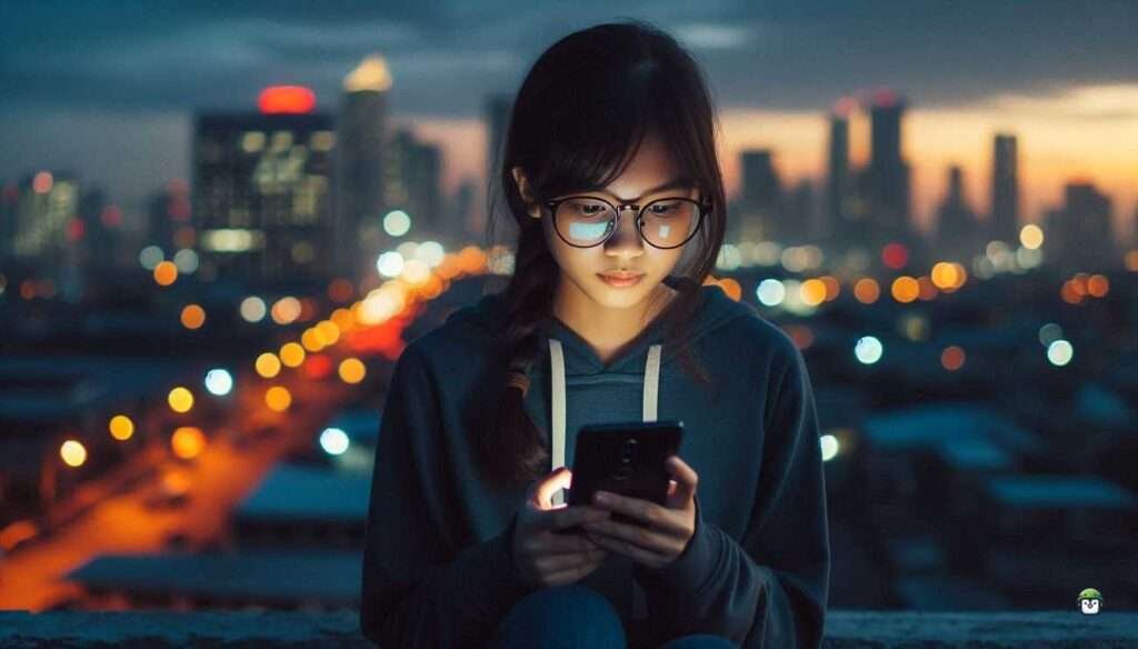 A young Filipina hacker with black-rimmed glasses working on Termux on her phone while sitting on a Manila rooftop at dusk, with city lights in the background.