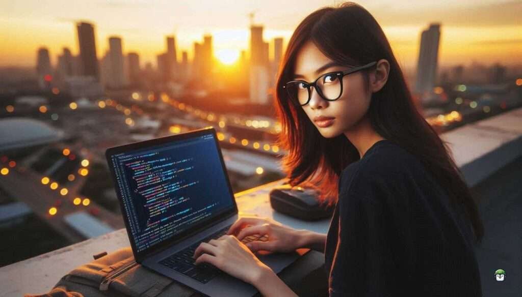 Calista, a young Filipina ethical hacker in glasses, working on her laptop on a Manila rooftop at dusk, analyzing network ports in a moody, cinematic setting.