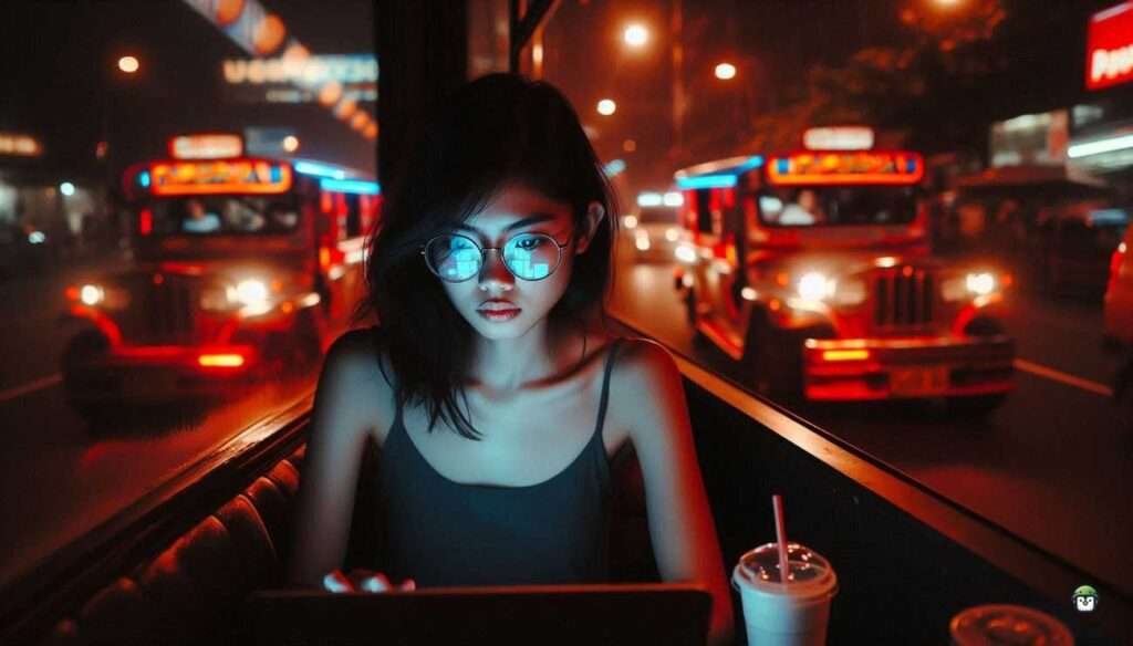 A young Filipina with black-rimmed glasses using Termux on her laptop to run Hydra commands in a neon-lit Makati café at night.