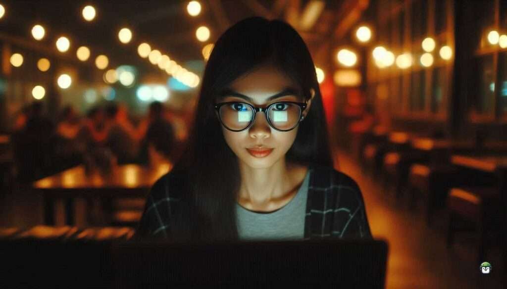 A young Filipina in black-rimmed glasses reviews Nikto plugin output on her laptop in a moody, low-lit coworking space at night.