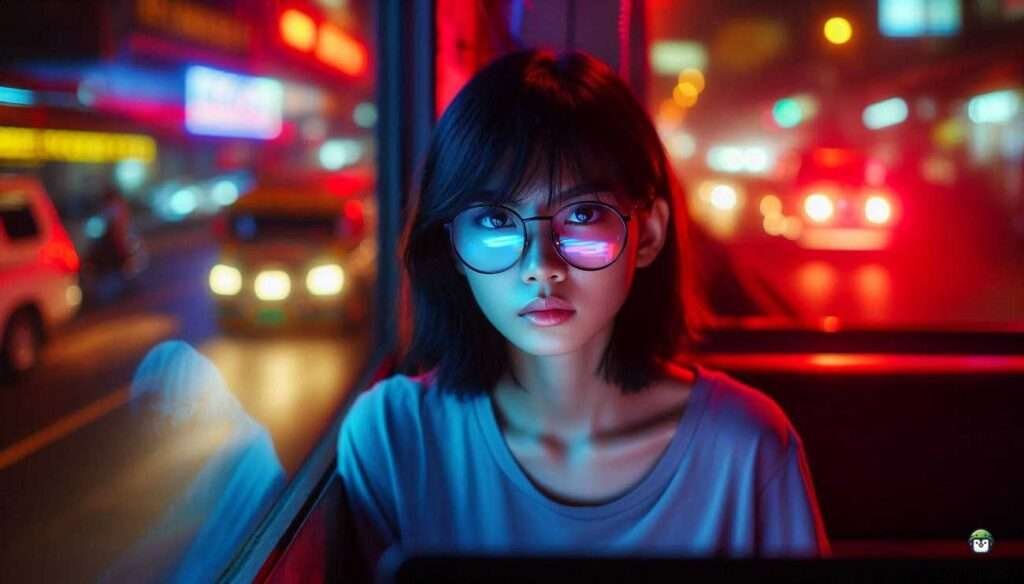 A young Filipina hacker in black-rimmed glasses examines website security scan results on her laptop in a neon-lit Manila café, with code reflected in her lenses.