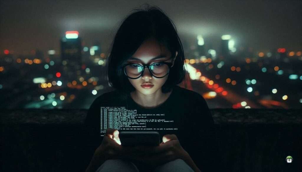 A young Filipina with black-rimmed glasses types into her phone’s Termux terminal on a city rooftop at night, symbolizing ethical hacking and hands-on learning in network and security.