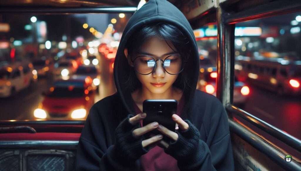 Young Filipina hacker Calista using Termux on her smartphone to perform a brute force attack while riding a jeepney in Manila.