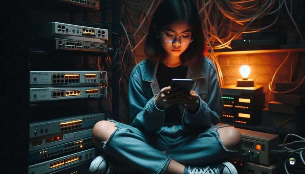 Calista, a tech-savvy Filipina in black-rimmed glasses, investigating Telnet access on old network devices in a moody, Manila-based hacker setup.