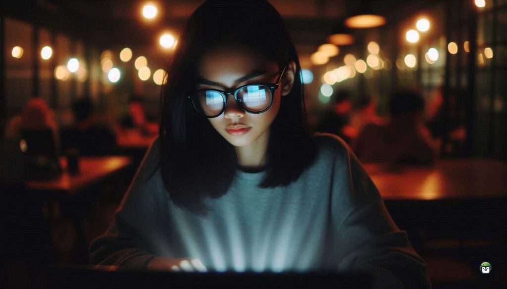 A young Filipina with black-rimmed glasses uses SQLMap on her laptop in a neon-lit Manila café, illustrating ethical hacking and authentication bypass.
