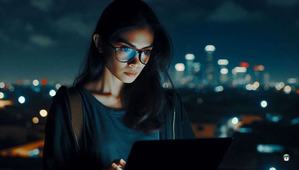 Tech-savvy Filipina in glasses contemplates code on a laptop under Manila night lights, symbolizing ethical decision-making in cybersecurity.