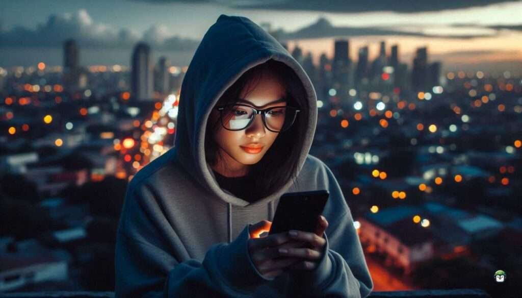 A young Filipina with black-rimmed glasses using a smartphone on a rooftop at sunset, running sqlmap in Termux with Manila’s skyline in the background.