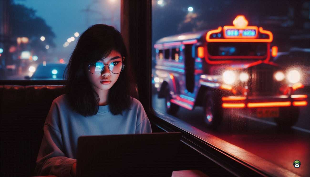 A focused young Filipina ethical hacker wearing black-rimmed glasses runs a vulnerability assessment with Nikto on her laptop in a Manila internet café at night.